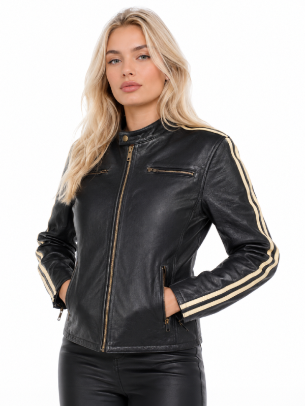 Dame Nashville Black/White Line Læderjakke Mcv